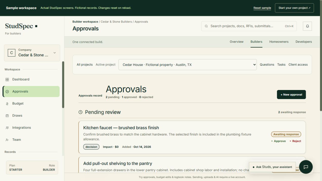 Client approvals in the StudSpec builder workspace, showing the fictional Cedar House sample